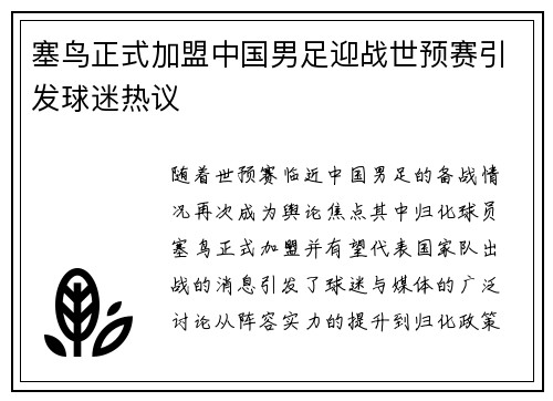 塞鸟正式加盟中国男足迎战世预赛引发球迷热议