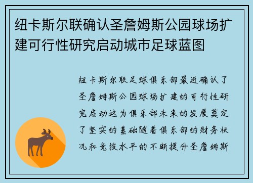 纽卡斯尔联确认圣詹姆斯公园球场扩建可行性研究启动城市足球蓝图