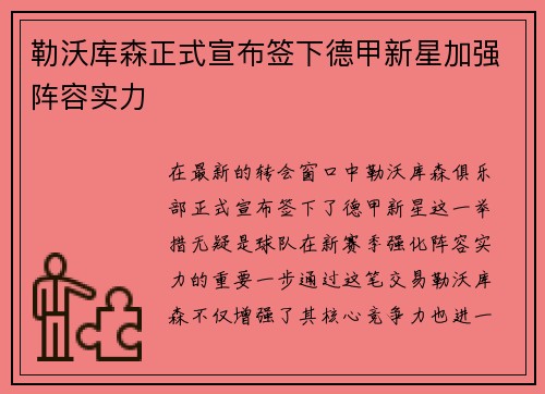 勒沃库森正式宣布签下德甲新星加强阵容实力